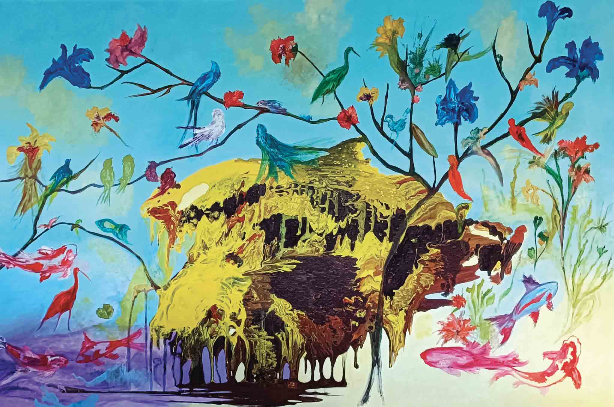 « L’arbre aux oiseaux d’or », huile, 195 cm x 130 cm.