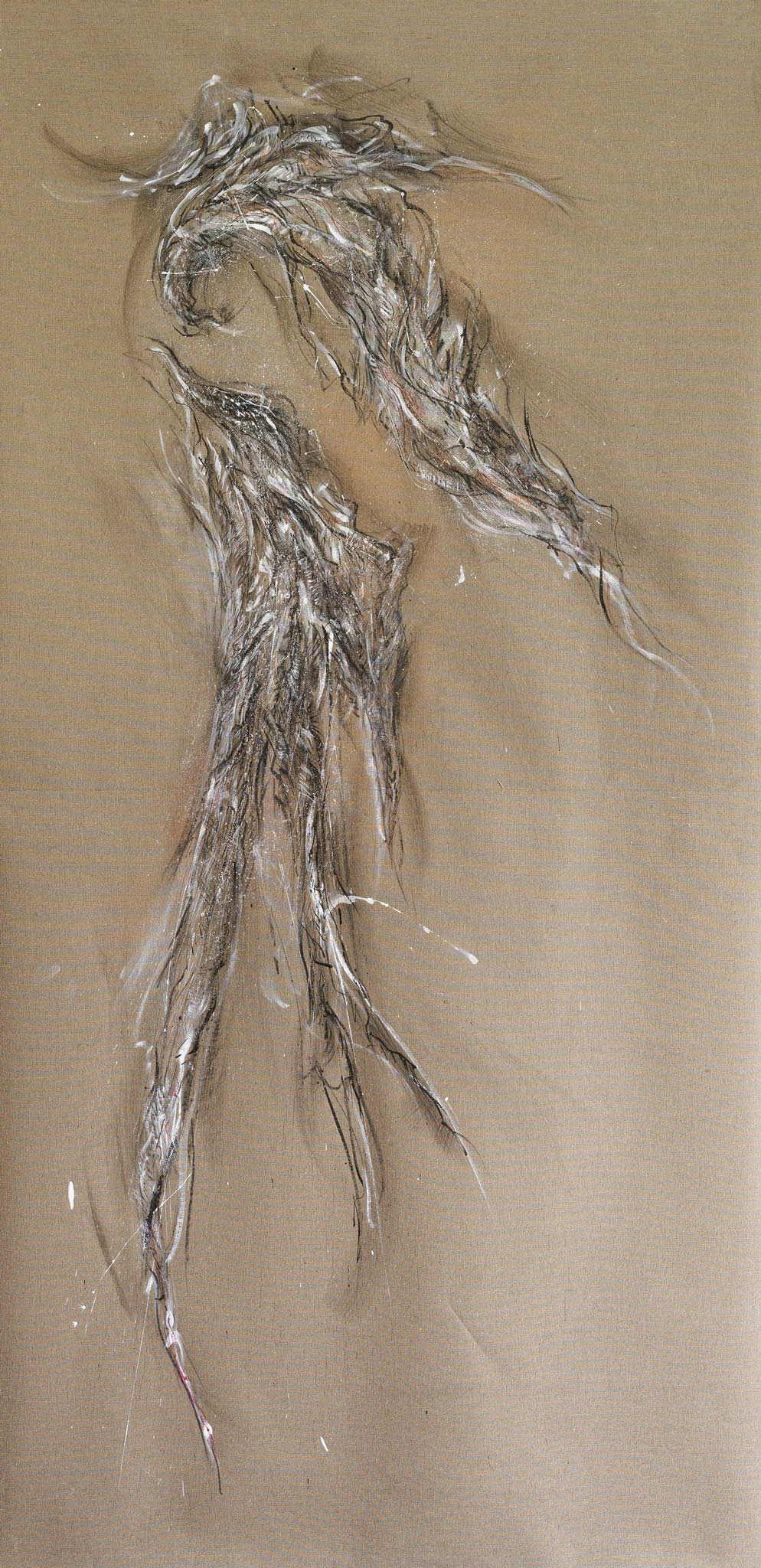 « De main de mer », fusain, pierre noire, encres et acrylique sur toile libre, H. 210 x L. 104 cm, 2023