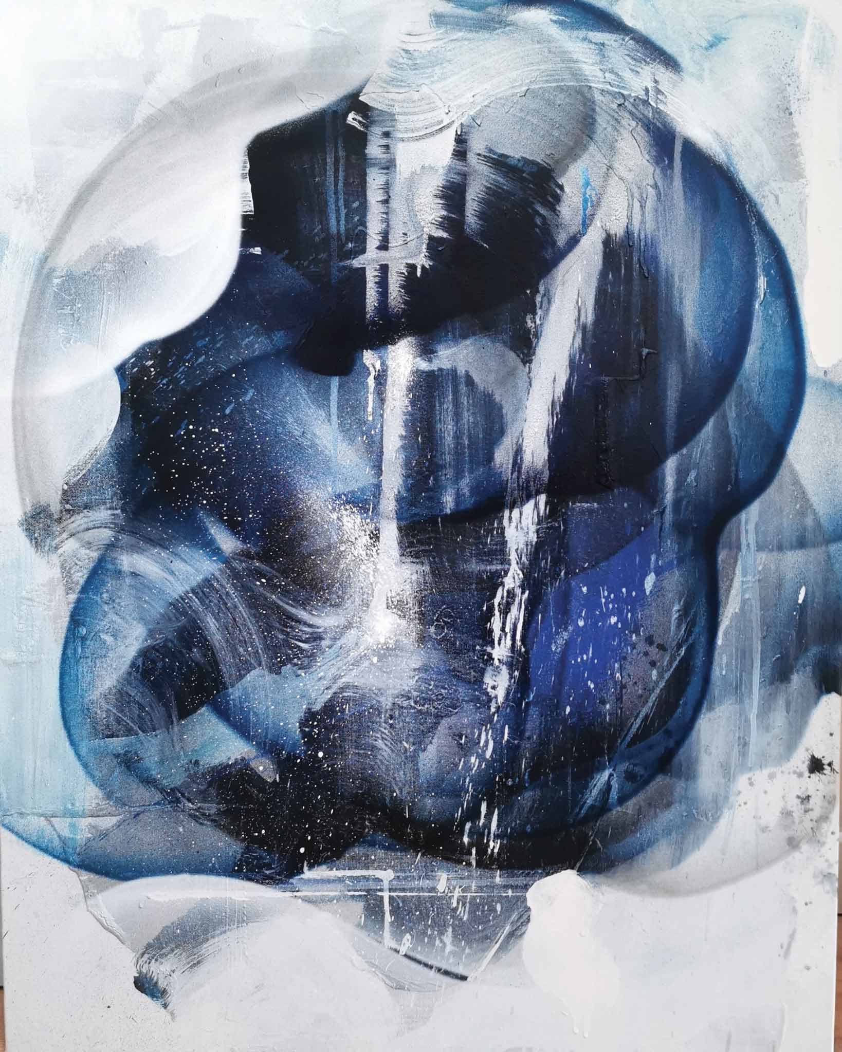 « Aftermath blue serie », aérosol et acrylique sur toile, 65 x 92 cm.